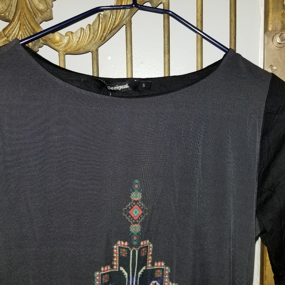 Desigual Black Long-Sleeve Midi Dress with Teal and Red Geometric Print - Picture 6 of 6